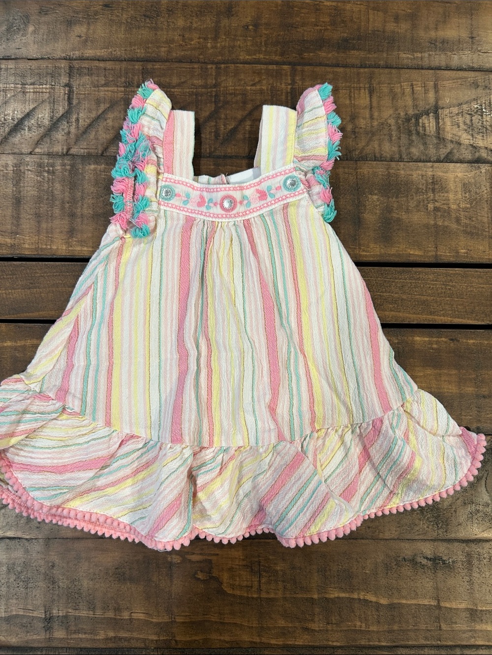 Nannette Baby Boho Pastel Striped Ruffle Sundress w. Gold Lines & Tassel Accents
